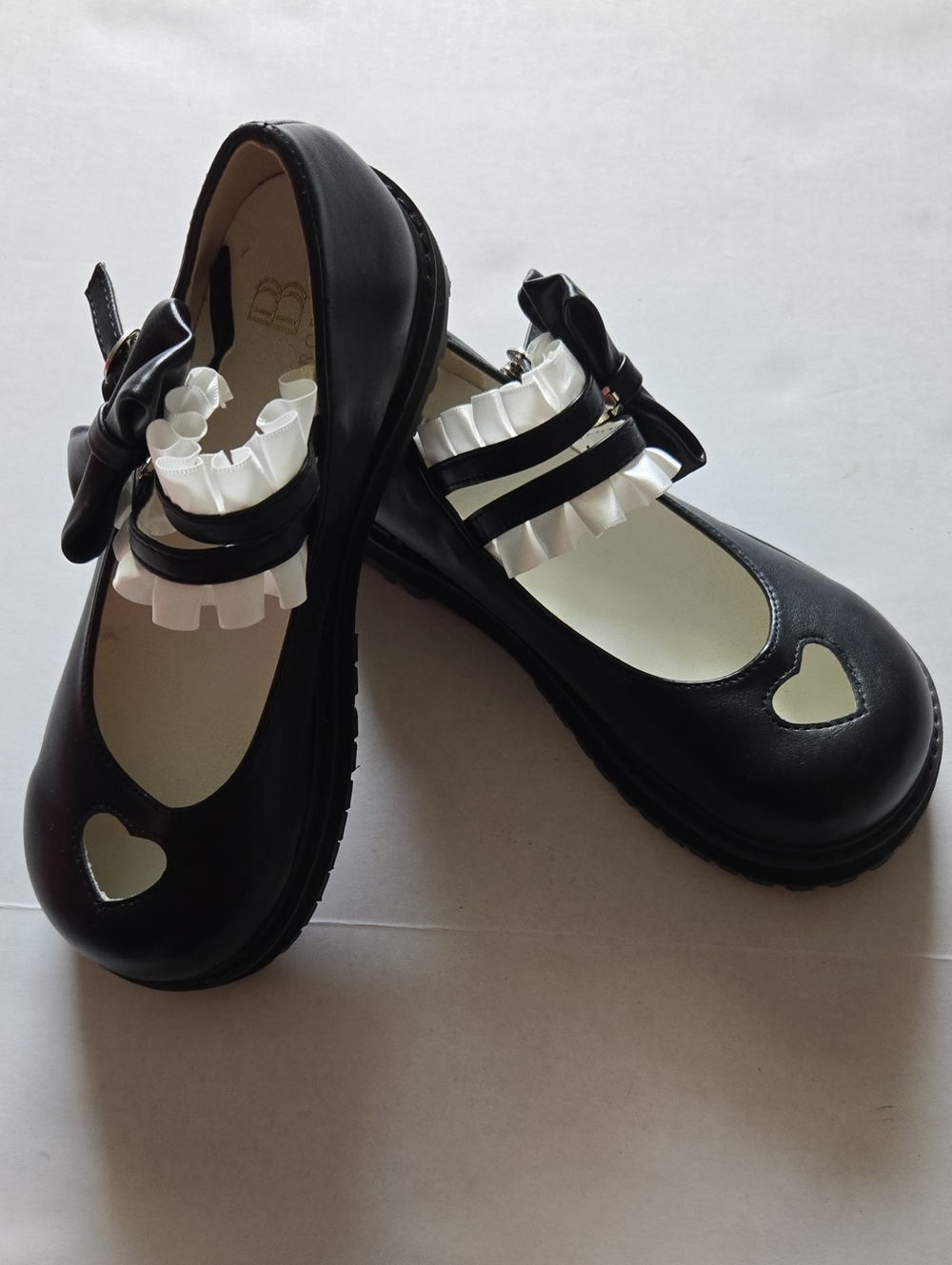 Women's Berobello Black and Cream Heart and Ruffle Mary Janes, Size 8.5.